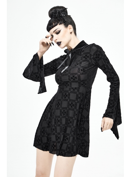 Cross Pattern Ribbons Knot Collar Long Sleeve Black Gothic Knitted Dress