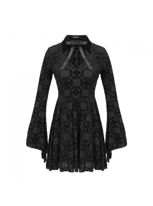 Cross Pattern Ribbons Knot Collar Long Sleeve Black Gothic Knitted Dress