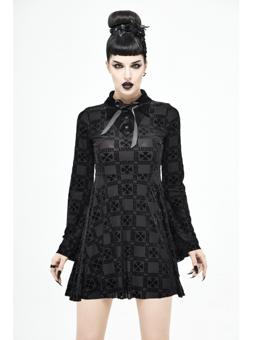 Cross Pattern Ribbons Knot Collar Long Sleeve Black Gothic Knitted Dress