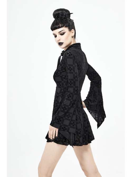 Cross Pattern Ribbons Knot Collar Long Sleeve Black Gothic Knitted Dress