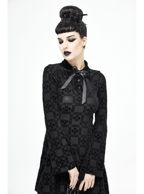 Cross Pattern Ribbons Knot Collar Long Sleeve Black Gothic Knitted Dress