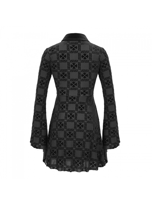 Cross Pattern Ribbons Knot Collar Long Sleeve Black Gothic Knitted Dress