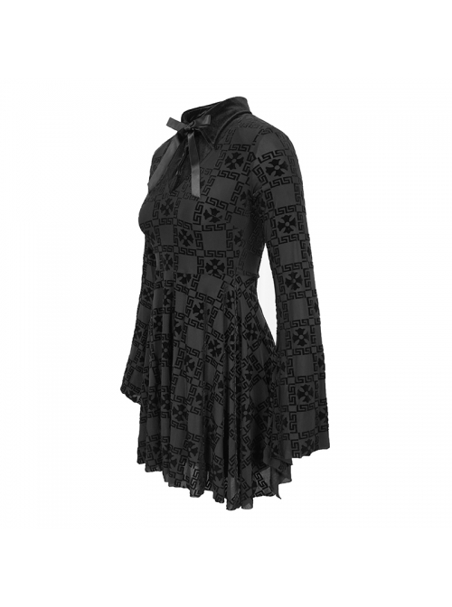 Cross Pattern Ribbons Knot Collar Long Sleeve Black Gothic Knitted Dress