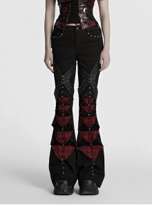Unique Black Red Patchwork Cool Metal Rivet Decoration Personality Hollow Punk Style Slim Flared Pants