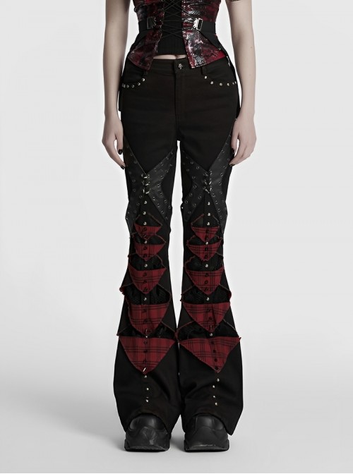 Unique Black Red Patchwork Cool Metal Rivet Decoration Personality Hollow Punk Style Slim Flared Pants