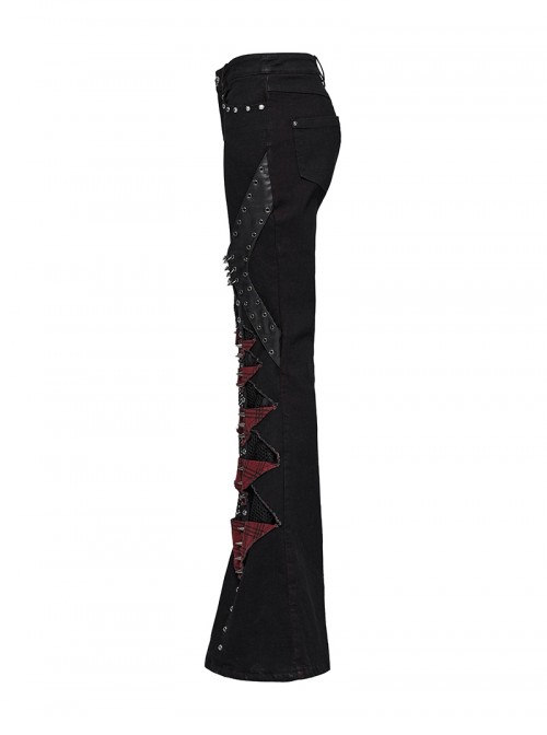 Unique Black Red Patchwork Cool Metal Rivet Decoration Personality Hollow Punk Style Slim Flared Pants