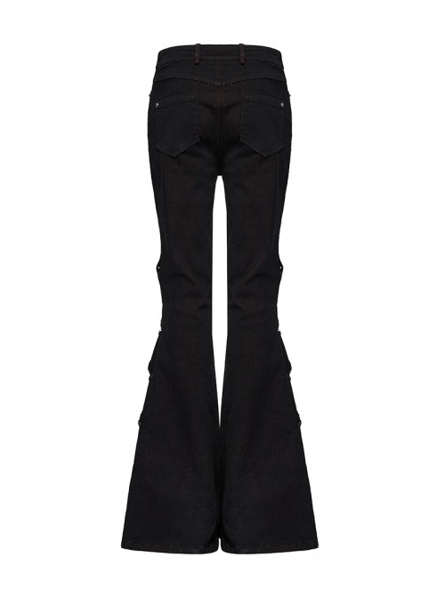 Unique Black Red Patchwork Cool Metal Rivet Decoration Personality Hollow Punk Style Slim Flared Pants