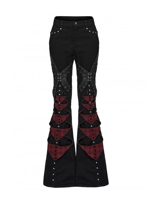 Unique Black Red Patchwork Cool Metal Rivet Decoration Personality Hollow Punk Style Slim Flared Pants