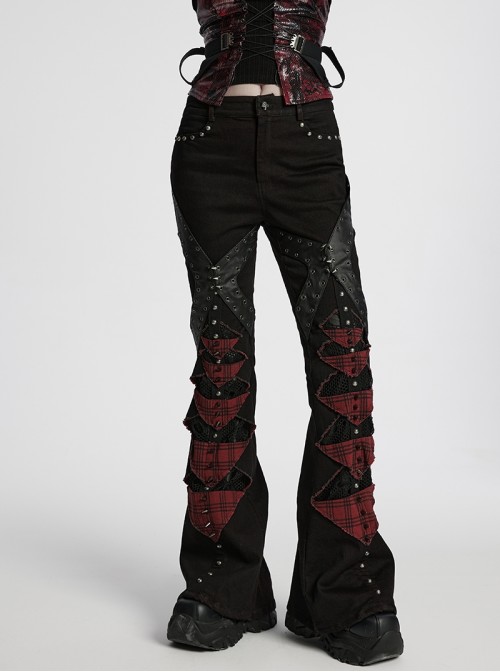Unique Black Red Patchwork Cool Metal Rivet Decoration Personality Hollow Punk Style Slim Flared Pants