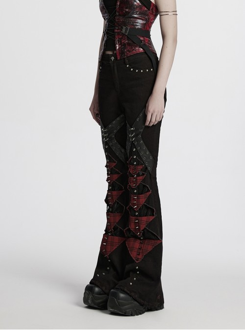 Unique Black Red Patchwork Cool Metal Rivet Decoration Personality Hollow Punk Style Slim Flared Pants
