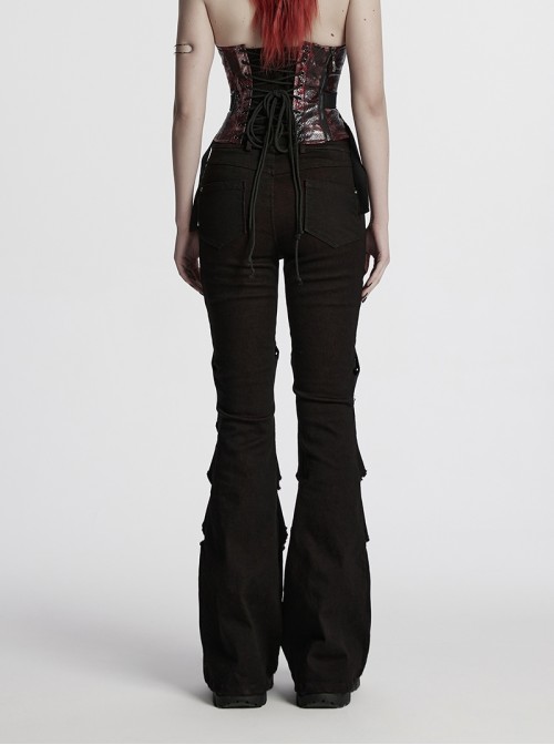 Unique Black Red Patchwork Cool Metal Rivet Decoration Personality Hollow Punk Style Slim Flared Pants