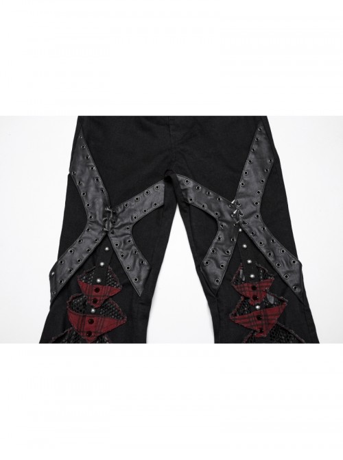 Unique Black Red Patchwork Cool Metal Rivet Decoration Personality Hollow Punk Style Slim Flared Pants