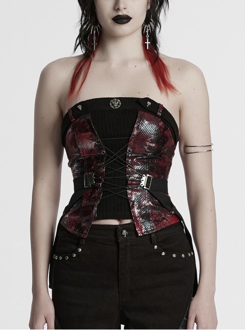 Cool Black Red Patchwork Cross Straps Metal Skull Decoration Sexy Punk Style Tube Top
