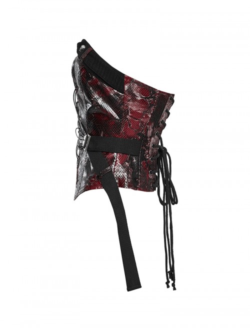 Cool Black Red Patchwork Cross Straps Metal Skull Decoration Sexy Punk Style Tube Top