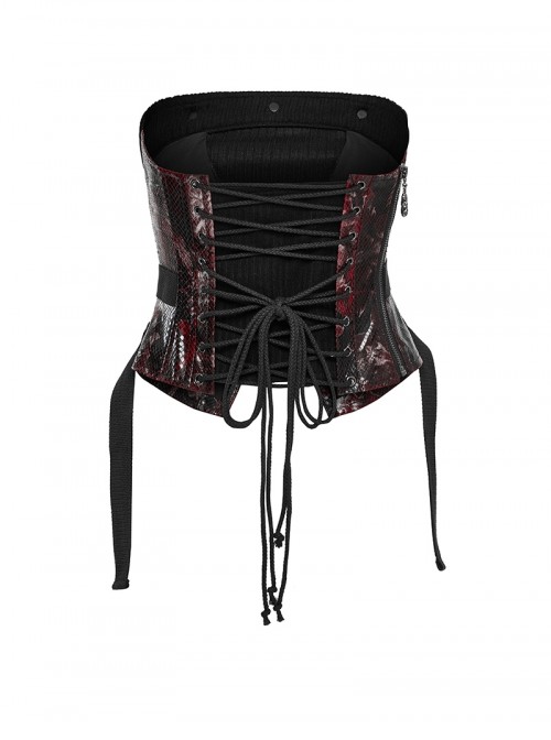 Cool Black Red Patchwork Cross Straps Metal Skull Decoration Sexy Punk Style Tube Top