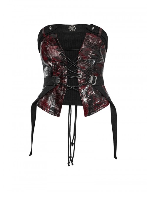 Cool Black Red Patchwork Cross Straps Metal Skull Decoration Sexy Punk Style Tube Top
