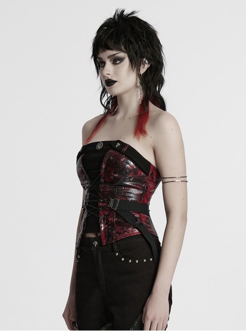Cool Black Red Patchwork Cross Straps Metal Skull Decoration Sexy Punk Style Tube Top