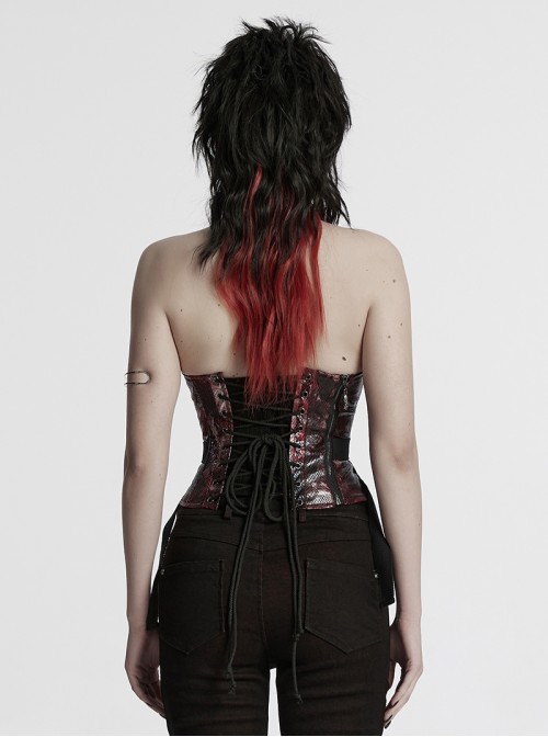 Cool Black Red Patchwork Cross Straps Metal Skull Decoration Sexy Punk Style Tube Top