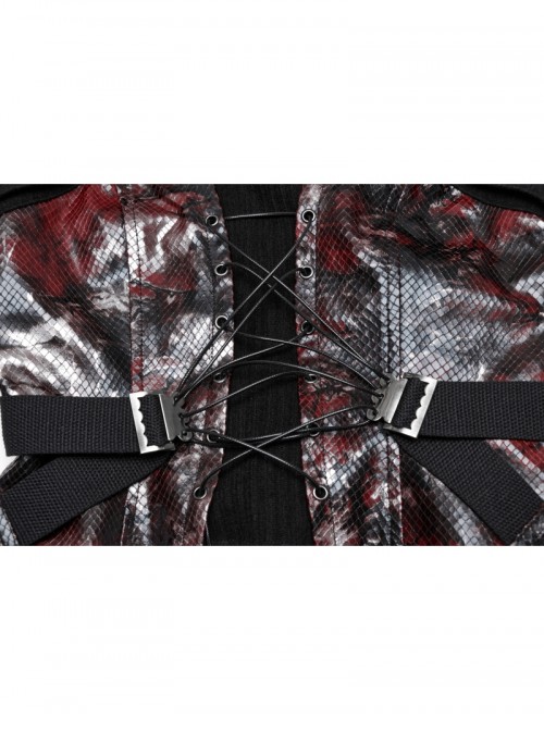 Cool Black Red Patchwork Cross Straps Metal Skull Decoration Sexy Punk Style Tube Top