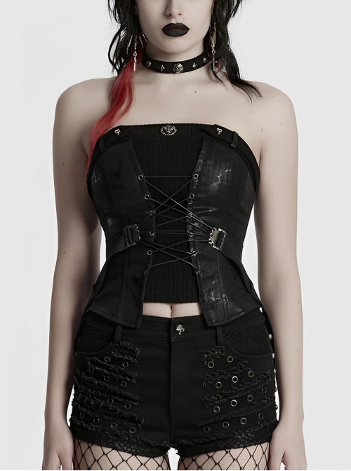 Cool Black Cross Straps Personality Metal Skull Decoration Sexy Punk Style Tube Top