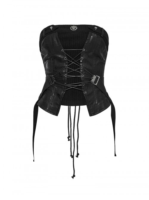 Cool Black Cross Straps Personality Metal Skull Decoration Sexy Punk Style Tube Top