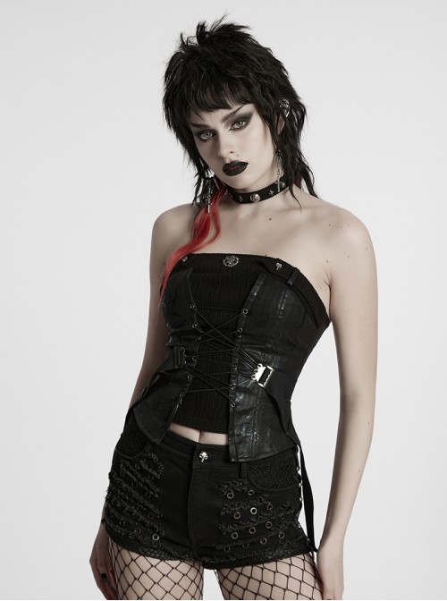 Cool Black Cross Straps Personality Metal Skull Decoration Sexy Punk Style Tube Top