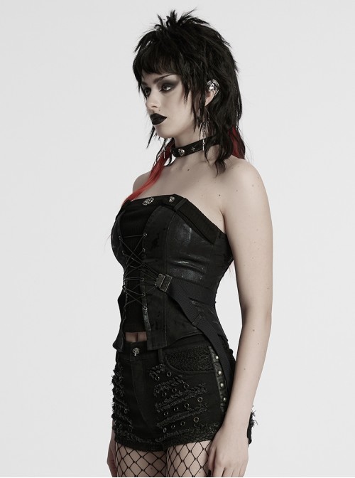 Cool Black Cross Straps Personality Metal Skull Decoration Sexy Punk Style Tube Top