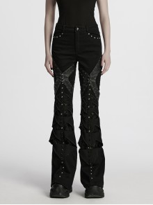 Unique Black Patchwork Cool Metal Rivet Decoration Personality Hollow Punk Style Slim Flared Pants