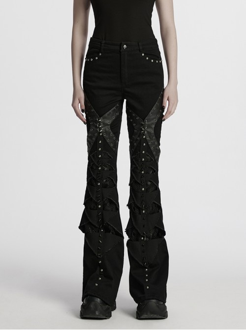 Unique Black Patchwork Cool Metal Rivet Decoration Personality Hollow Punk Style Slim Flared Pants