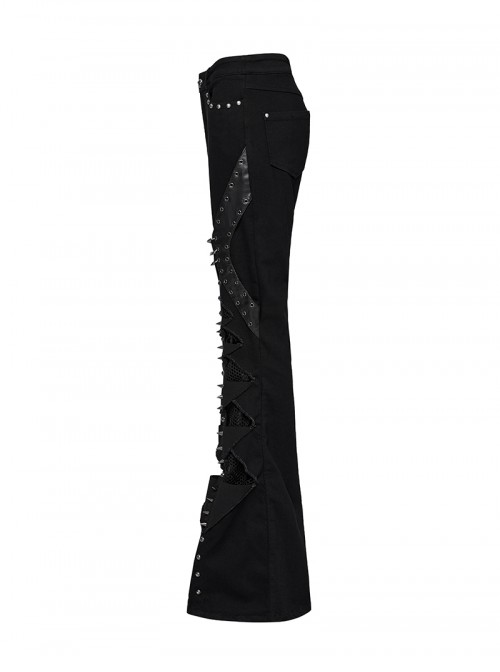 Unique Black Patchwork Cool Metal Rivet Decoration Personality Hollow Punk Style Slim Flared Pants