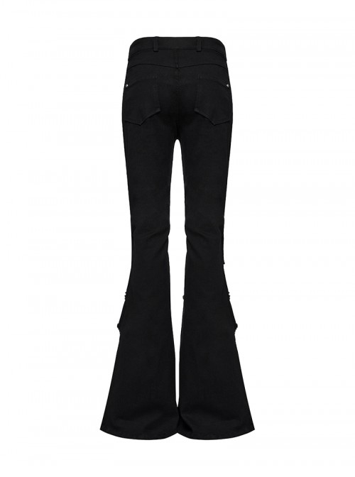 Unique Black Patchwork Cool Metal Rivet Decoration Personality Hollow Punk Style Slim Flared Pants