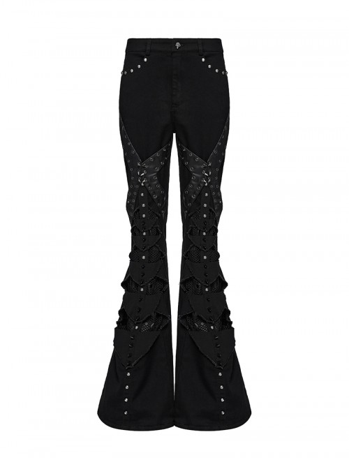Unique Black Patchwork Cool Metal Rivet Decoration Personality Hollow Punk Style Slim Flared Pants