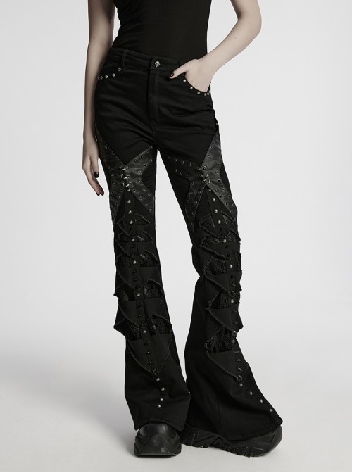 Unique Black Patchwork Cool Metal Rivet Decoration Personality Hollow Punk Style Slim Flared Pants