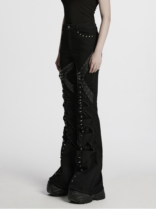 Unique Black Patchwork Cool Metal Rivet Decoration Personality Hollow Punk Style Slim Flared Pants