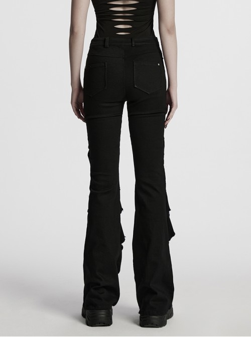 Unique Black Patchwork Cool Metal Rivet Decoration Personality Hollow Punk Style Slim Flared Pants