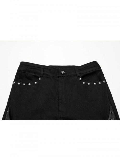 Unique Black Patchwork Cool Metal Rivet Decoration Personality Hollow Punk Style Slim Flared Pants