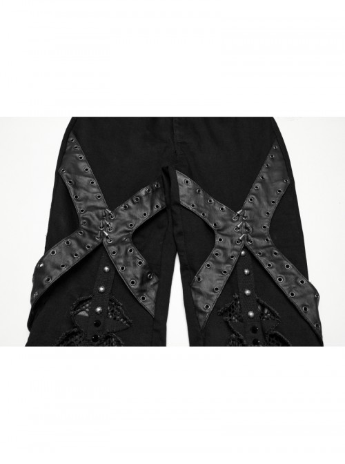 Unique Black Patchwork Cool Metal Rivet Decoration Personality Hollow Punk Style Slim Flared Pants