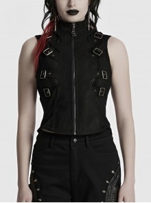 Cool Black Skull Silhouette Unique Stitching Metal Buckle Decoration Punk Style Vest
