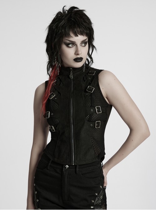 Cool Black Skull Silhouette Unique Stitching Metal Buckle Decoration Punk Style Vest