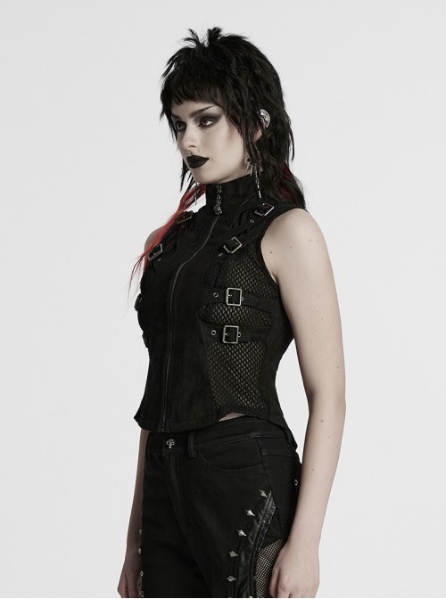 Cool Black Skull Silhouette Unique Stitching Metal Buckle Decoration Punk Style Vest