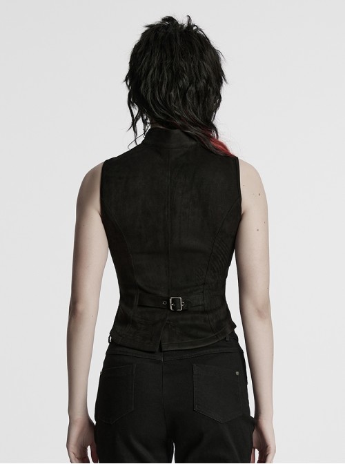 Cool Black Skull Silhouette Unique Stitching Metal Buckle Decoration Punk Style Vest