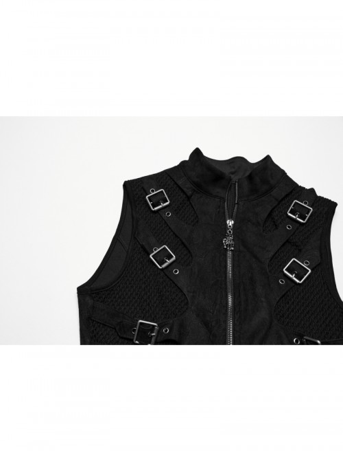 Cool Black Skull Silhouette Unique Stitching Metal Buckle Decoration Punk Style Vest