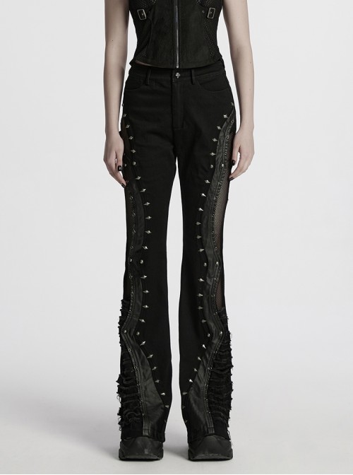 Street Decadent Black Cool Metal Rivet Decoration Personalized Splicing Punk Style Flared Pants