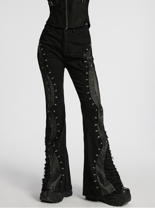 Street Decadent Black Cool Metal Rivet Decoration Personalized Splicing Punk Style Flared Pants
