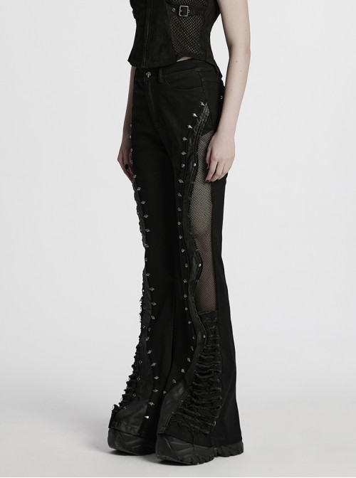 Street Decadent Black Cool Metal Rivet Decoration Personalized Splicing Punk Style Flared Pants