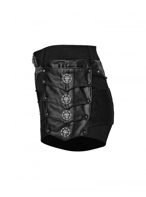 Sexy Black Metal Rivet Skull Decoration Personalized Splicing Design Punk Style Tight Shorts