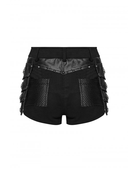 Sexy Black Metal Rivet Skull Decoration Personalized Splicing Design Punk Style Tight Shorts