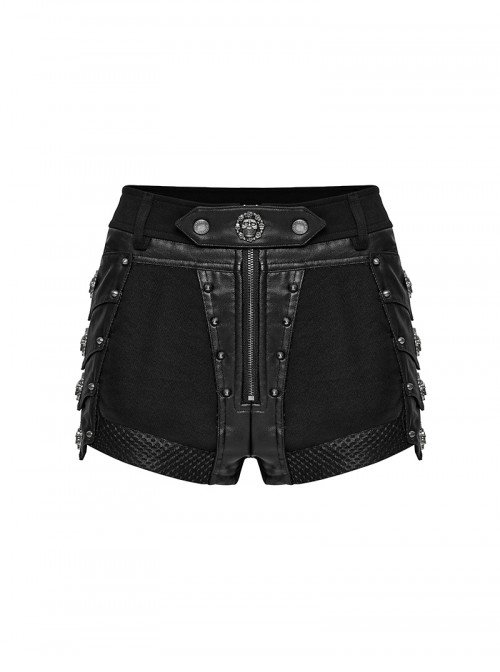 Sexy Black Metal Rivet Skull Decoration Personalized Splicing Design Punk Style Tight Shorts