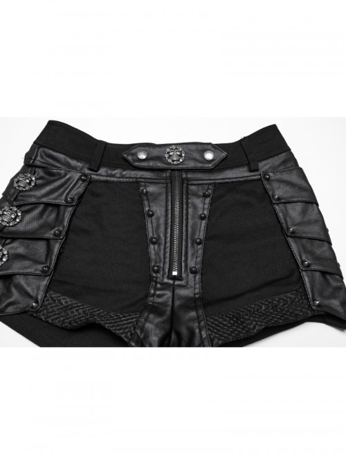 Sexy Black Metal Rivet Skull Decoration Personalized Splicing Design Punk Style Tight Shorts