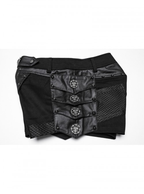 Sexy Black Metal Rivet Skull Decoration Personalized Splicing Design Punk Style Tight Shorts